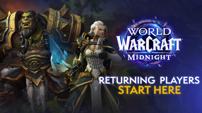 The image features Thrall and Jaina Proudmoore looking in opposite directions, their faces set in battle-ready expressions. On the right side of the image is the World of Warcraft: Midnight logo. Under the logo, text reads, “Returning Players Start Here”.