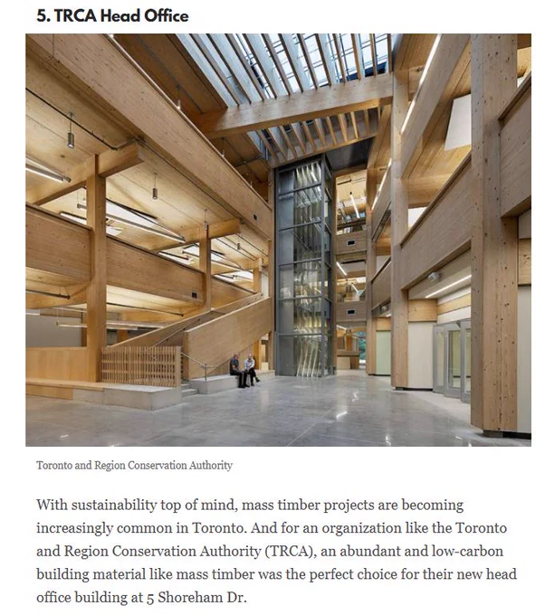 Interior shot of the Toronto and Region Conservation Authority (TRCA) head office, showing off exposed mass timber.