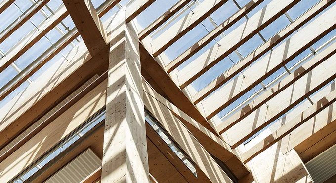 Interior shot of the Toronto and Region Conservation Authority (TRCA) head office, showing off exposed mass timber.