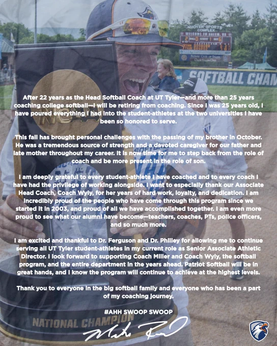 UT Tyler softball head coach Mike Reed celebrates with National Champion trophy while sharing a letter announcing his decision to step away from coaching after 25  years and focus solely on his administrative role at the university.