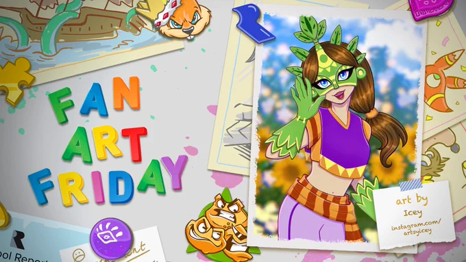 A cartoon fridge door with Fan Art Friday in colourful magnets. A framed piece of art on the right shows Leafos from Viva Piñata, a character in a green mask and gloves with many leaf motifs. Text reads: Art by Icey, instagram.com/artsyicey.