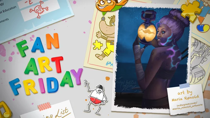 A cartoon fridge door with Fan Art Friday in colourful magnets. A framed piece of art on the right shows a pirate at night holding a round lantern. The pirate's skin features a vein-like pattern of blue and purple wrapping around their back. Text reads: Art by Maria Rønold, instagram.com/maria_ronold_artwork