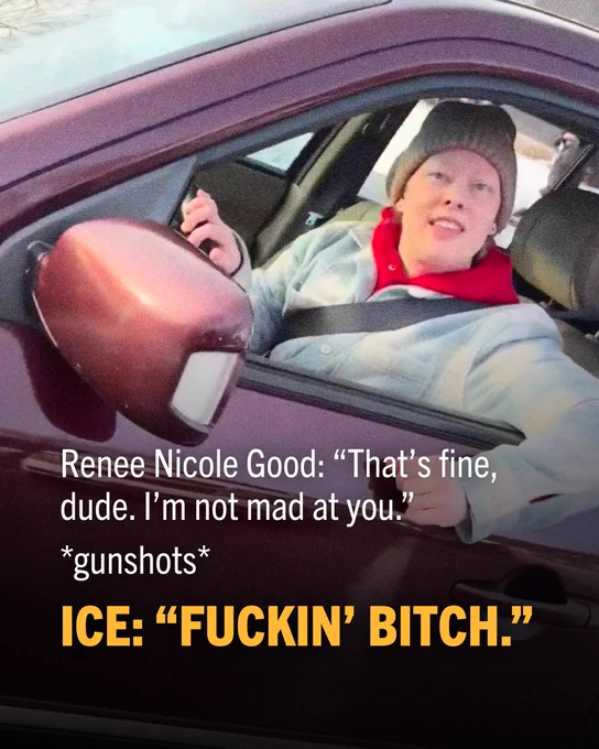 A photo of Renee Nicole Good in her car moments before being shot and killed by an ICE agent.

A verbal exchange is included:

Renee Nicole Good: “That’s fine, dude. I’m not mad at you.”
*gunshots*
ICE: “Fuckin’ bitch.”