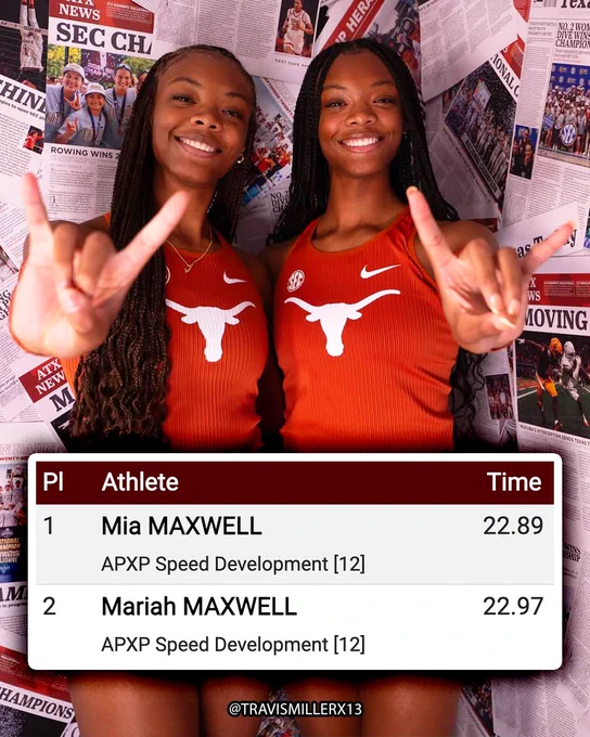 Texas commits Mia and Mariah Maxwell start their senior seasons running into the high school Top 10 all-time for the indoor 200m! 😳