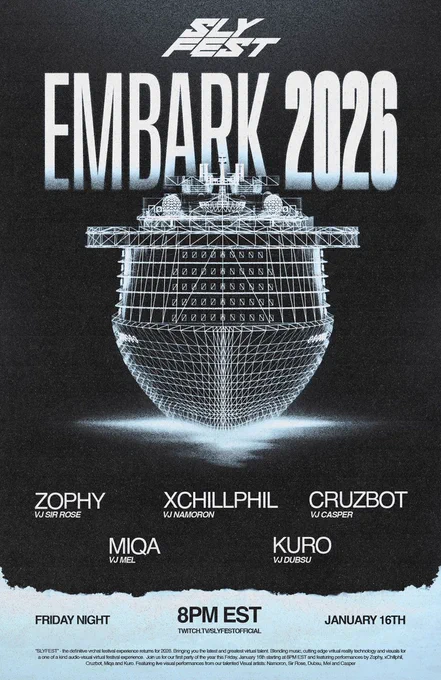 Sly Fest Embark 2026
Zophy
XChillPhil
Cruzbot
Miqa
Kuro
Sir Rose
Mel
Namoron
Dubsuu
Casper
Friday Night
8 PM EST
January 16th
Twitch.tv/slyfestofficial