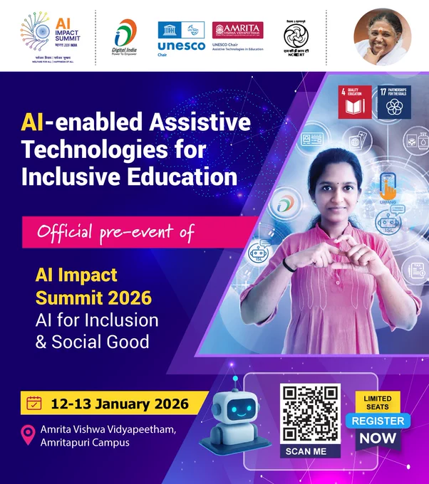 Promotional poster for an AI Impact Summit 2026 pre-event on AI-enabled assistive technologies for inclusive education, scheduled for January 12-13, 2026, at Amrita Vishwa Vidyapeetham.