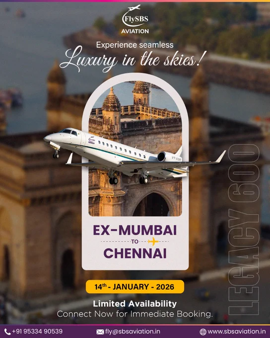 Embraer Legacy 600 private jet operated by FlySBS Aviation flying over Mumbai’s Gateway of India, Mumbai to Chennai on 14 January 2026.