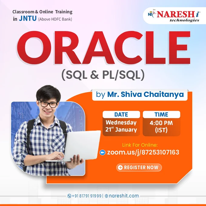 Oracle (SQL & PL/SQL) training by Naresh i Technologies at JNTU, starting 21 January at 4:00 PM IST. Register Now: https://t.ly/ORACLE-21J.