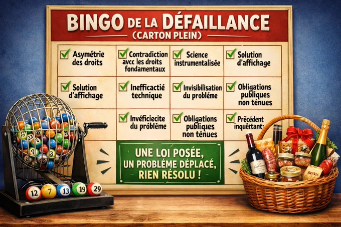 Illustration satirique intitulée « Bingo de la défaillance – carton plein ». Au centre, un grand carton de bingo entièrement rempli de cases cochées, avec des intitulés critiques (asymétrie des droits, science instrumentalisée, solution d’affichage, inefficacité technique, invisibilisation du problème, obligations publiques non tenues, précédent inquiétant). La case centrale verte indique : « Une loi posée, un problème déplacé, rien résolu ». À gauche, une machine de bingo mécanique remplie de boules numérotées. À droite, un panier garni (vin, champagne, charcuterie, bocaux), présenté comme le lot gagné. L’ensemble évoque une victoire ironique révélant une défaillance de l’action publique.
