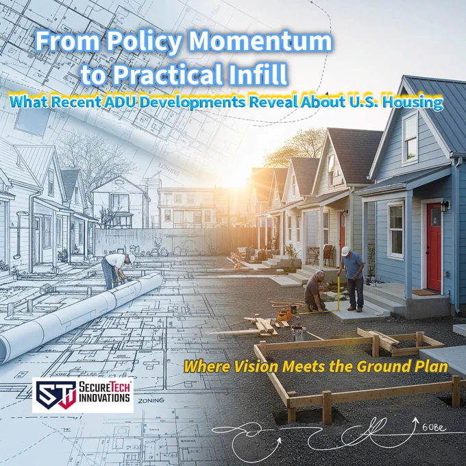 The image visually represents the theme “From Policy Momentum to Practical Infill.”
On the left, detailed architectural blueprints and zoning plans fade seamlessly into the right side, where real-life small homes (ADUs) line a sunny residential street. Two construction workers are active in the foreground, preparing wooden framing on a gravel lot—symbolizing the transition from planning to execution.

The morning sunlight casts a warm glow over the homes, reinforcing optimism and progress. Overlay text appears at the top in white and blue: “From Policy Momentum to Practical Infill” and “What Recent ADU Developments Reveal About U.S. Housing.”
At the bottom, the tagline “Where Vision Meets the Ground Plan” appears in yellow, beside the SecureTech Innovations logo positioned to the left, over the blueprint area.

