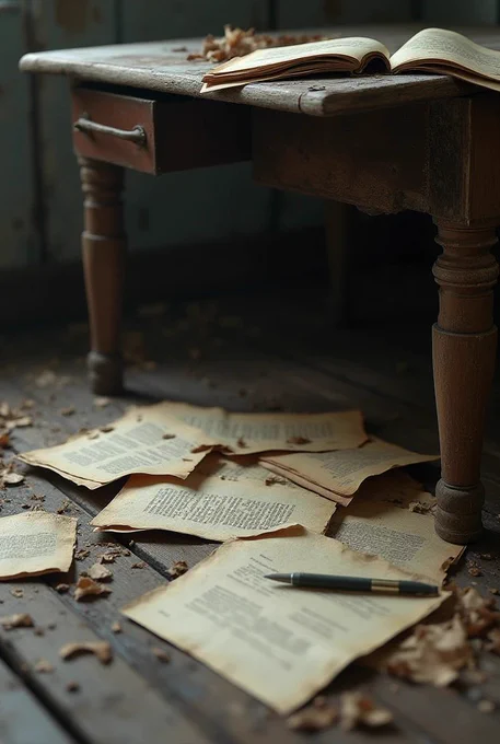 An old abandoned writer's place where once he used to write! Now only spilled papers, pen and an old table left.