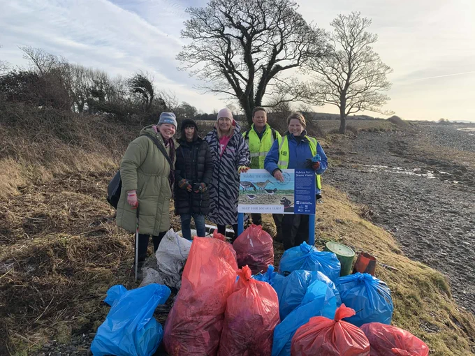 Photo of Ruth, Lesley, myself, Jim and Ann with 13 bags of litter plus larger plastic items lifted from the shoreline of Strangford Lough