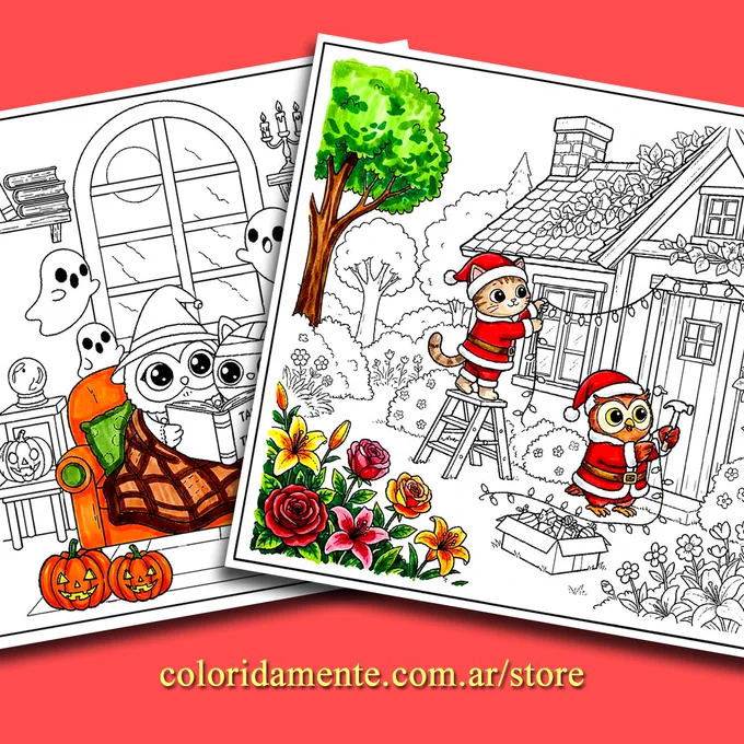 Ilustraciones de packs imprimibles para colorear de Coco y Mummy