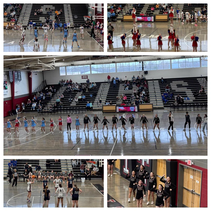 A picture collage of two different middle school play in basketball games. There is a photo of the boys basketball team and their cheerleaders. there is also a photo of the girls basketball team and their cheerleaders. The center photograph shows an impromptu dance that happened at halftime.