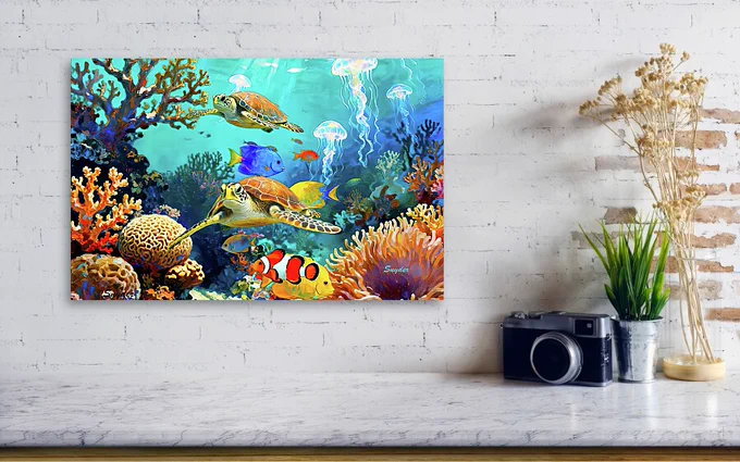 😍 Coral  Currents and Turtle Trails Two by Floyd Snyder  😍 Follow the link for more info on this image! https://tinyurl.com/CORLCTS2 🎨 Fine Art Reproductions to the world since 1971! Enjoy! 😍 

A framed underwater painting bursts with color and life—two sea turtles, clownfish, angelfish, jellyfish, and coral in vivid detail. Mounted on a white brick wall, the artwork radiates ocean serenity against a backdrop of vintage decor: a marble surface, antique camera, potted plant, and dried flowers. This scene blends marine beauty with interior elegance, ideal for collectors seeking nature-inspired sophistication. 

Available on paper, canvas, wood, metal, and acrylic as a fine art wall hanging. Also available on T-shirts, hoodies, phone cases, blankets, note cards, mugs, and dozens of other consumer products that make incredible, unique, one-of-a-kind gifts.

#OceanWallArt #SeaTurtleScene #CoastalDecor #BuyIntoArt