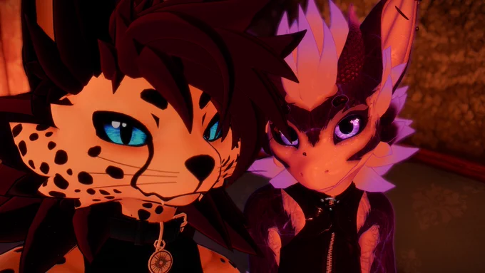 A cheetah novabeast and a purple nardoragon sitting next to each other in vrchat. They both look at the camera and smile slightly.