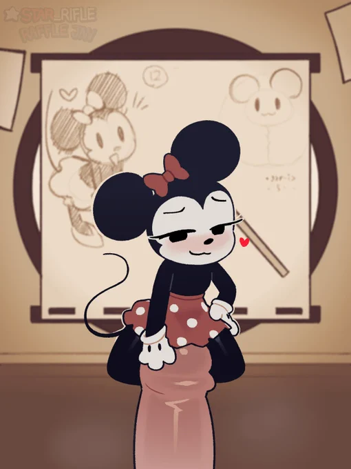 Mini Mouse, an anthropomorphic and miniature cartoon mouse with nothing on but a red skirt and bow, sits on and straddles your cock. With one gloved paw on her hip and the other on the tip of your penis, Mini smugly leers at you with bedroom eyes, slightly blushing, and her tail in an S-curve. Perched on your cockhead, larger than her pelvis, she squeezes it with her thighs, the tip of which is obscured by her polkadot skirt. The room is ever so slightly steamy, and behind her sits a traditional animation desk with doodles of Mini and her mouse-eared womb; the framing of the scene positions her as your live reference, your muse. 