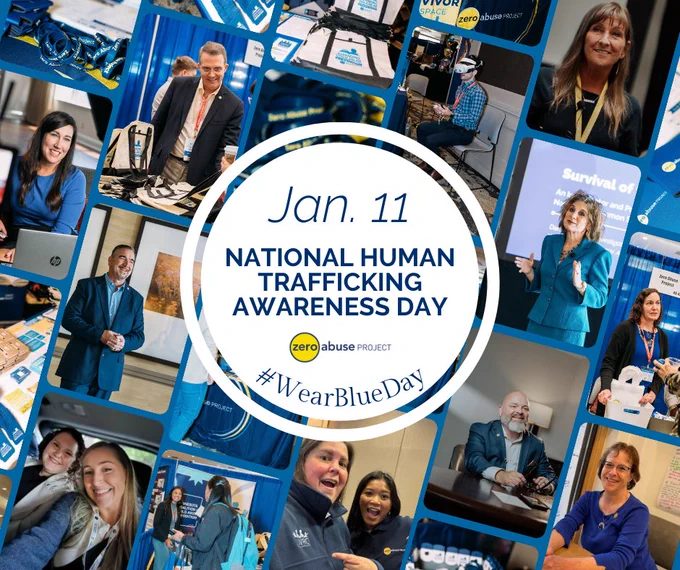 A collage of photos showing Zero Abuse Project staff and partners at trainings, conferences, and presentations. In the center, a white circle reads “Jan. 11 National Human Trafficking Awareness Day” with the Zero Abuse Project logo and the hashtag #WearBlueDay.