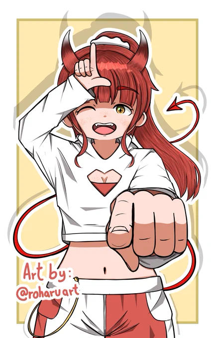 Digital illustration of a mischievous female devil character with a mocking expression. She is laughing provocatively while pointing one finger directly at the viewer. With her other hand, she holds an 'L' sign against her forehead, symbolizing 'Loser.' She has small horns, messy hair, and a bratty aesthetic. The lineart is clean with vibrant flat colors, set against a simple background that emphasizes her expressive pose.