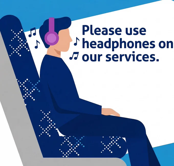 Illustration of a person listening to music on a train with the text: 'Please use headphones on our services.