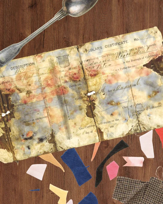 A worn and stained historical document titled “Pedlar’s Certificate” lies on a wooden surface. The certificate is creased and discolored, with faded handwritten details and printed text referencing the Pedlars Act. Surrounding the document are colorful fabric scraps in various shapes and a metal spoon partially visible at the top.