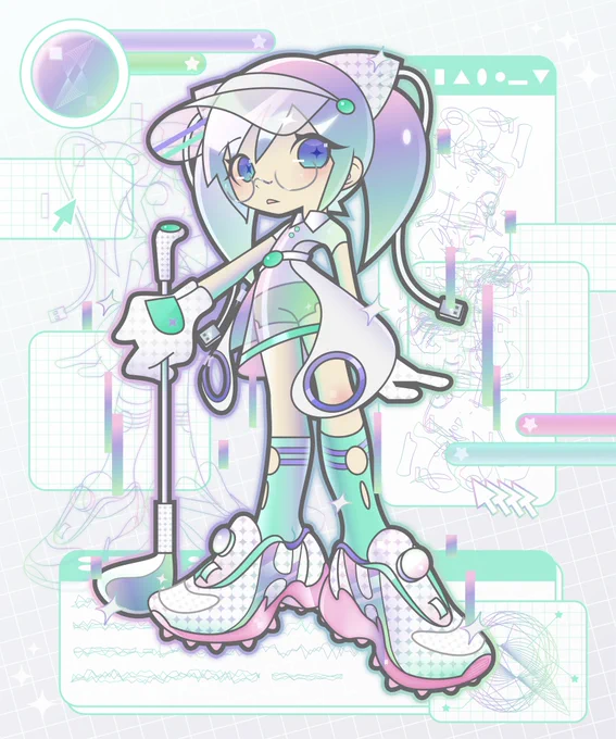 Drawing of a colorful pastel green and pink character in a futuristic golf outfit on a white background.