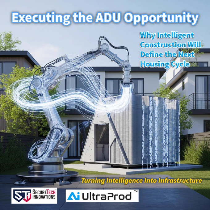 An AI-driven robotic arm 3D-prints a small modern home as digital data streams flow from the arm. Text reads ‘Executing the ADU Opportunity,’ ‘Why Intelligent Construction Will Define the Next Housing Cycle,’ and ‘Turning Intelligence Into Infrastructure,’ with SecureTech Innovations and AI UltraProd logos below. 