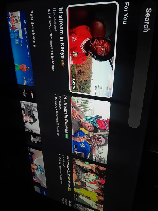 Screenshot showing YouTube past live streams by IShowSpeed titled "IRL stream in Kenya," "IRL stream in Rwanda," and "IRL stream in Zimbabwe." The Kenya stream has the highest views at 5.1M, with a thumbnail of Speed in a red jersey on a helicopter, highlighting its popularity.