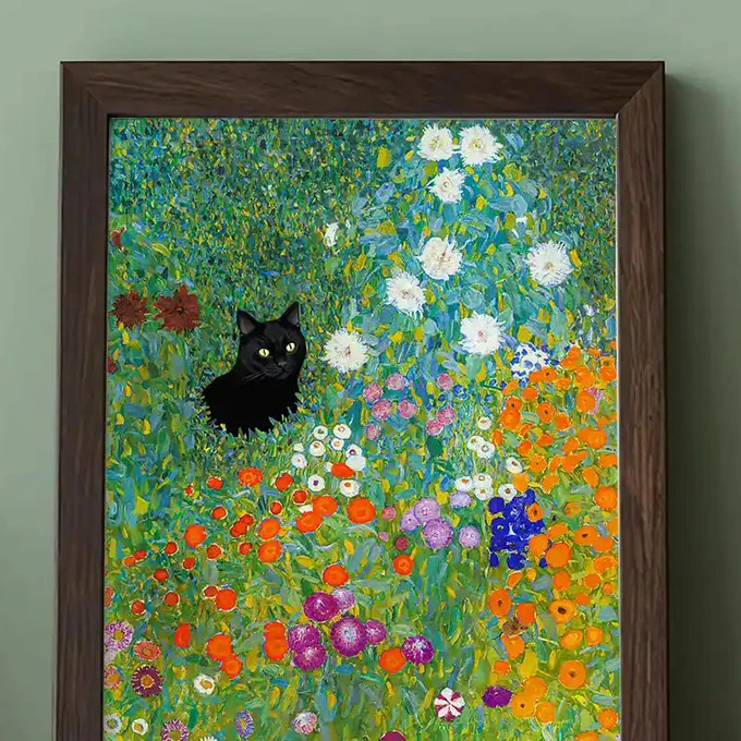  Gustav Klimt’s famous painting Bauerngarten. Our digital print has been digitally enhanced to improve the color quality and contrast for modern printing, and to add a whimsical touch: a black cat hiding among the flowers and eyeing a field mouse.