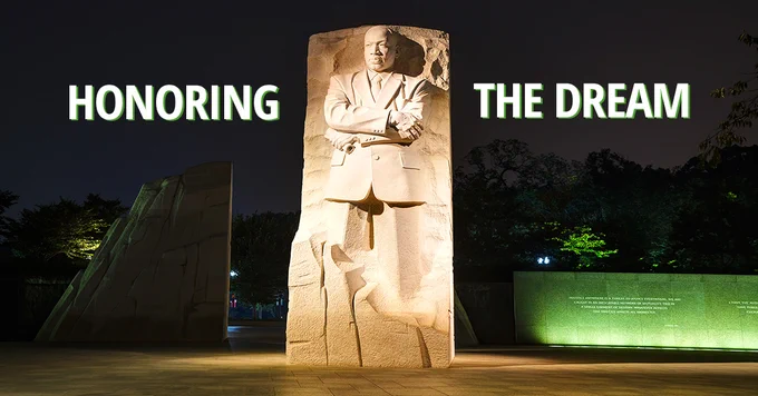 Dr. Martin Luther King Jr. granite memorial in Washington, DC., illuminated at night with the text: Honoring the Dream. The statue is located just a few miles from HumRRO headquarters, across the Potomac River. 