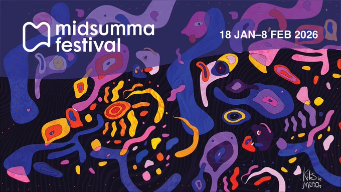 Midsumma artwork by 'Kits in Motion' accompanied by the Midsumma Festival logo and text '18 Jan - 8 Feb 2026'.