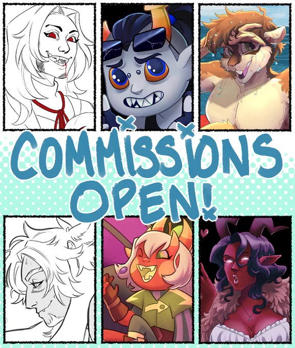 The image is of various commission examples, ranging from black and white sketches to chibi cartoons to fully rendered art. 

The text reads, “commissions open!”