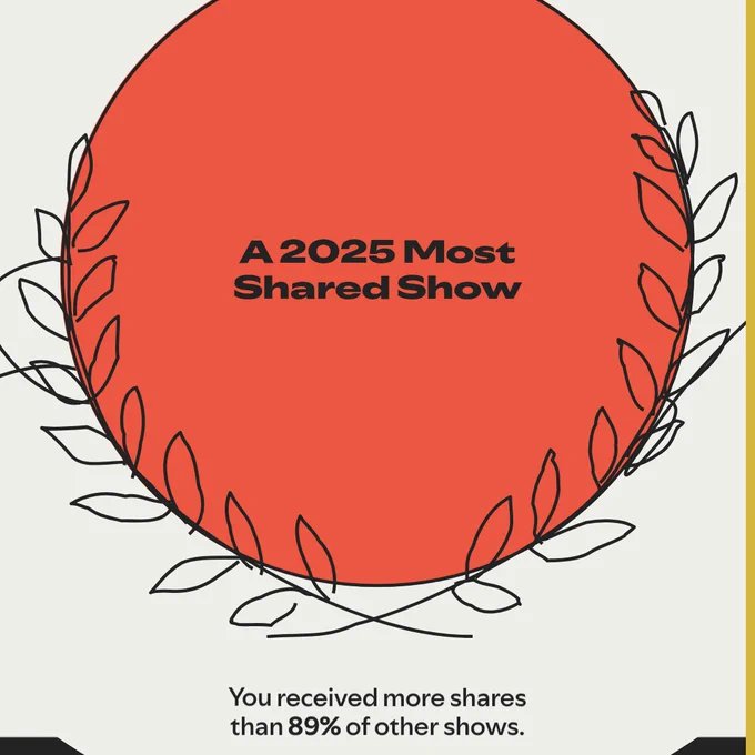 Spotify Wrapped big red thing saying "a 2025 most shared show" and that we were shared more than 89% of shows