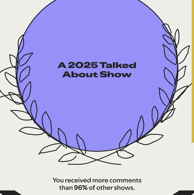 Spotify Wrapped big purple thing saying "a 2025 talked about show" and that we received more comments than 96% of shows
