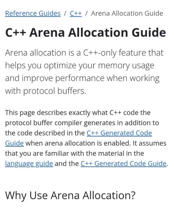 Screenshot of the protobuf reference documentation on using arena allocation