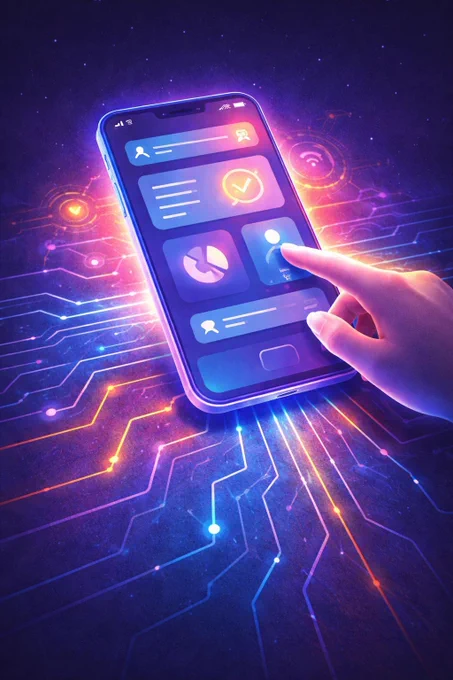 Futuristic digital illustration of a glowing smartphone interface connected to a neon blockchain circuit network, symbolizing simple and intuitive user experience built on complex Web3 infrastructure for Kinny List, a Solana-powered crypto marketplace focused on clarity, reliability, and seamless technology.