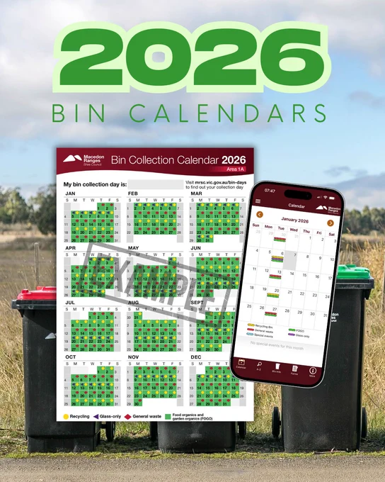 Promotional image for 2026 Bin Collection Calendars, featuring a calendar and a smartphone displaying the calendar app, overlaid on a photo of three bins under a clear sky.