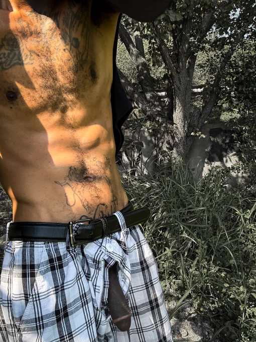 Headless or faceless presentation of a person with sexy ab muscles walking through the wilderness. The photograph is natural but sensual with erotic body parts displayed through a zipper of plaid pants. The color scheme of the casual outfit is black and white although the attractive man in the photograph wears no shirt on this sunny day. His pants are all the way pulled up on his waste in good taste. This photograph belongs to Thesin Films as an erotic presentation of “Camping”.

