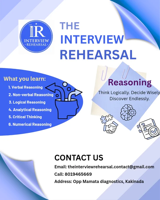 A professionally designed blue-and-white promotional poster for “The Interview Rehearsal”, an interview preparation and reasoning skills training institute. At the top left is a circular blue logo with the letters “IR” and the brand name inside it. To the right, the title “THE INTERVIEW REHEARSAL” appears in large bold blue text. The left section of the poster features a heading titled “What you learn”, followed by a numbered list of six skills: verbal reasoning, non-verbal reasoning, logical reasoning, analytical reasoning, critical thinking, and numerical reasoning. Below this list is a graphic of a human head with multiple arrows emerging upward, symbolizing idea flow, intelligence, and cognitive growth. On the right side, a note-style graphic highlights the word “Reasoning” along with the tagline “Think logically. Decide wisely. Discover endlessly.” Surrounding this are icons including a brain, puzzle pieces, a han