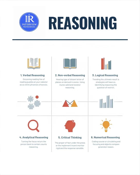 A clean, white-background educational poster titled “REASONING” with the logo of The Interview Rehearsal displayed at the top left inside a blue circular emblem marked “IR.” Below the title, the poster is divided into a structured grid showcasing six core reasoning skill areas, each represented with an icon and label. The first section is Verbal Reasoning, illustrated with an open book icon, symbolizing reading comprehension and language-based problem solving. The second section is Non-verbal Reasoning, also shown with an open book-style icon, representing pattern recognition and visual logic. The third section, Logical Reasoning, uses a bar chart icon to indicate structured thinking and logical conclusions. The fourth section, Analytical Reasoning, is represented by a magnifying glass icon, symbolizing detailed analysis and evaluation. The fifth section, Critical Thinking, features a human head silhouette icon, emphasizing decision