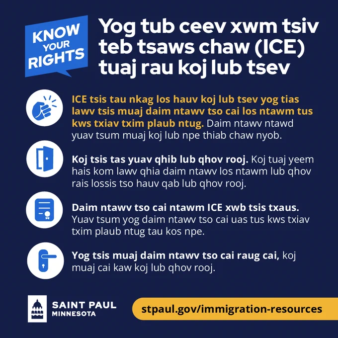 Know Your Rights graphic explaining what to do if immigration agents come to your home. It states that ICE needs a judge-signed warrant to enter, people do not have to open the door, can ask to see a warrant through a window or under the door, and can keep the door closed if there is no valid judge-signed warrant. A link to stpaul.gov/immigration-resources is included.