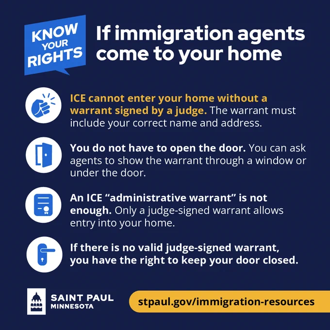 Know Your Rights graphic explaining what to do if immigration agents come to your home. It states that ICE needs a judge-signed warrant to enter, people do not have to open the door, can ask to see a warrant through a window or under the door, and can keep the door closed if there is no valid judge-signed warrant. A link to stpaul.gov/immigration-resources is included.