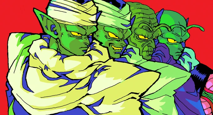 colored bust drawing of Piccolo(fused), Piccolo, Kami, and Nail. 
Piccolo(fused) is in the front, each of his components behind him, all facing the same direction, right. 
they are shaded in blue, highlighted in mostly greens. 