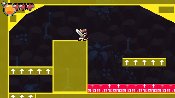 The same scene as the previous image, but before any art has been added to it. The environment is just a bunch of yellow square and triangle blocks with a red rectangle representing the spike-pit.