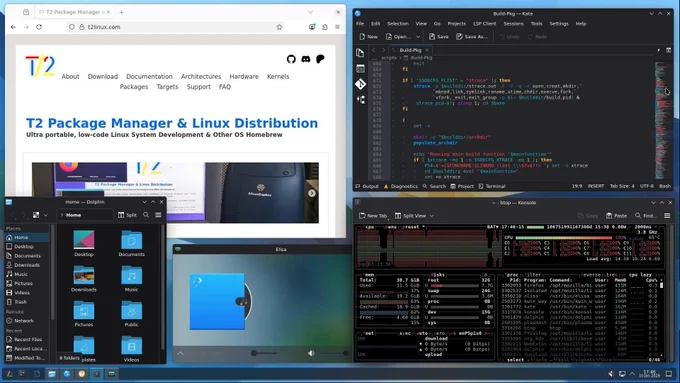 Screenshot showing latest KDE Plasma T2 / Linux desktop running on 64-thread Milk-V Pioneer w/ Sophgo SG2042 RISCV CPU and 128GB ECC DDR4