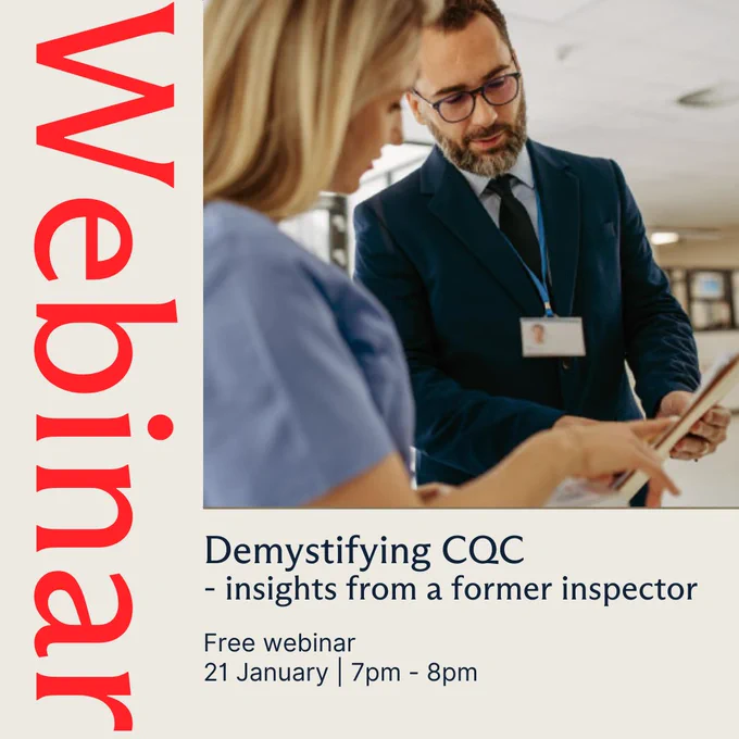 A graphic promoting an upcoming DDU webinar on the topic of 'Demystifying CQC - insights from a former inspector'. The webinar is free and will be on 21 January 2026 at 7pm until 8pm.