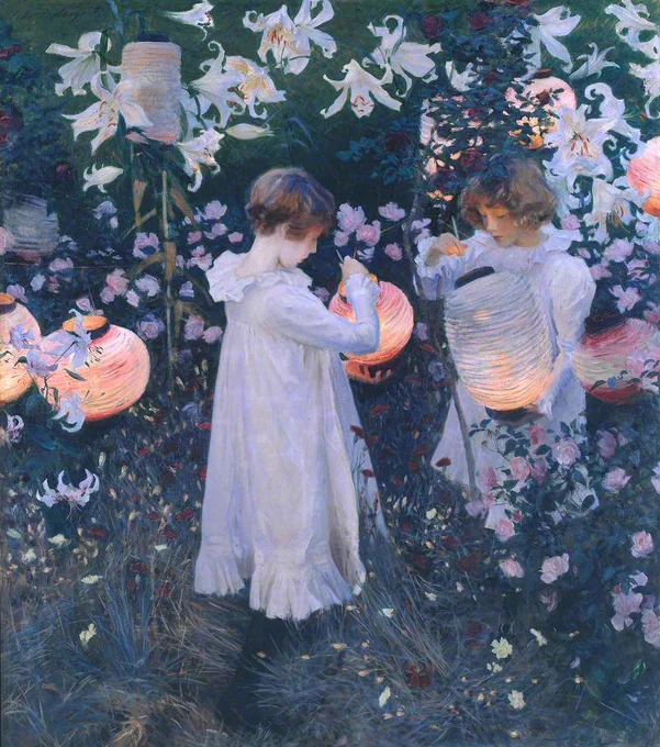 Two children in white dresses stand in a grassy garden holding paper lanterns. White flowers and other glowing lanterns surround them
