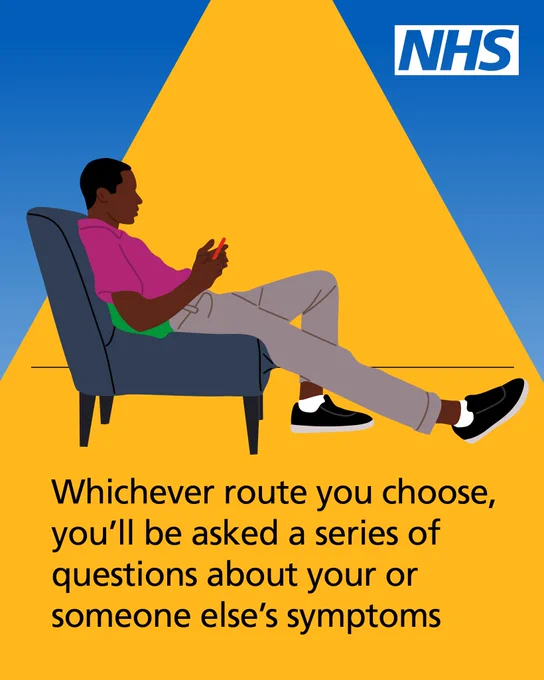 Person sitting relaxed in a chair using a phone, with NHS logo and text about symptom questions in the background.