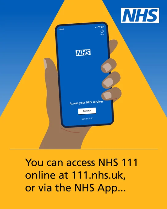 Hand holding a smartphone displaying the NHS app login screen with a blue background and NHS logo.